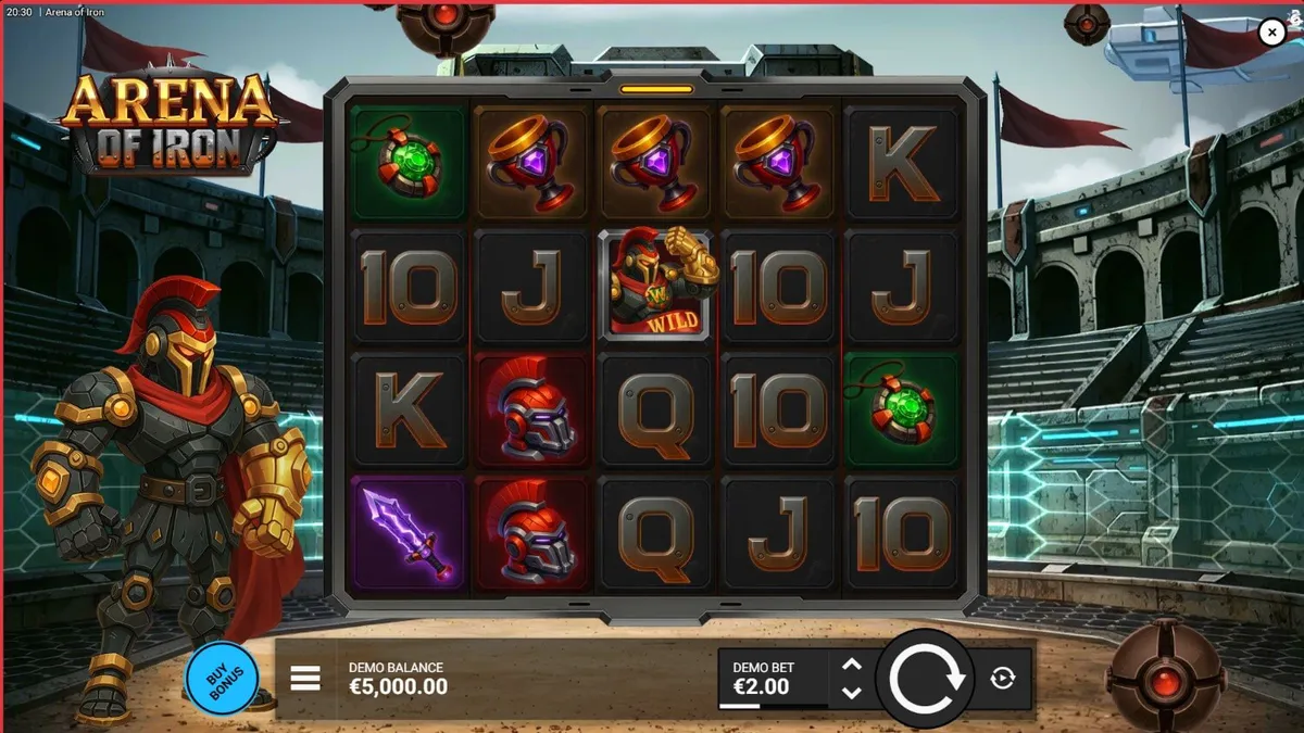 Arena of Iron slot machine interface with robotic gladiator theme
