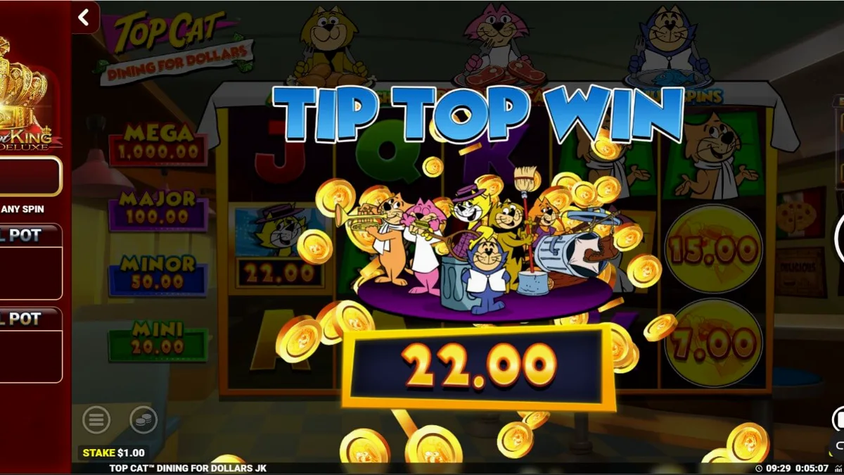 Tampilan visual slot Top Cat Dining For Dollars dengan karakter kartun klasik di latar belakang restoran retro.